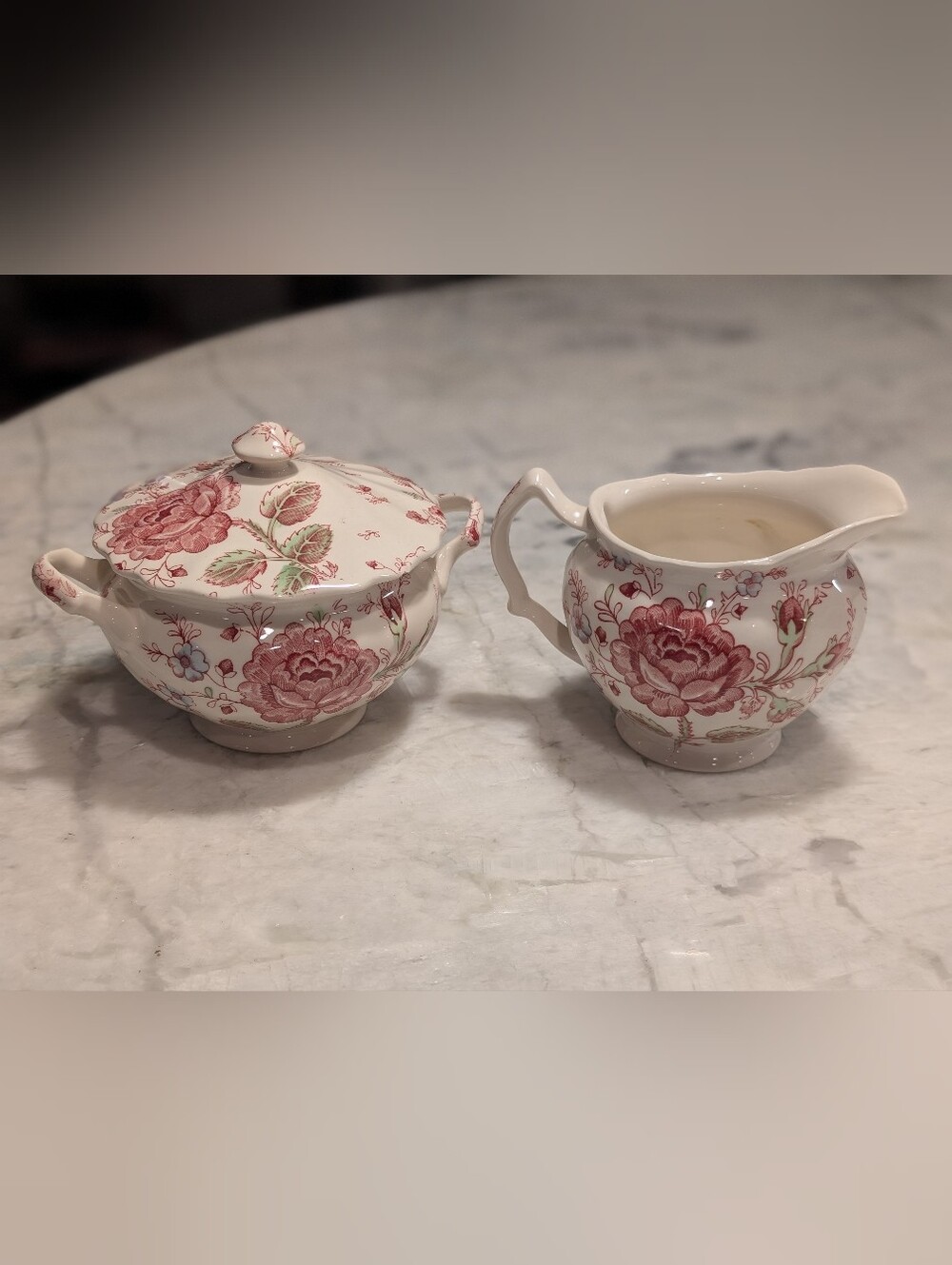 Johnson Brothers Rose Chintz Floral Porcelain Sugar Bowl and Creamer Set - Pink